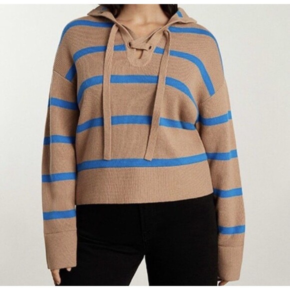 Everlane Lace Up Smock Sweater Chestnut Blue Stripe Organic Cotton Wool Sz L - Picture 6 of 10